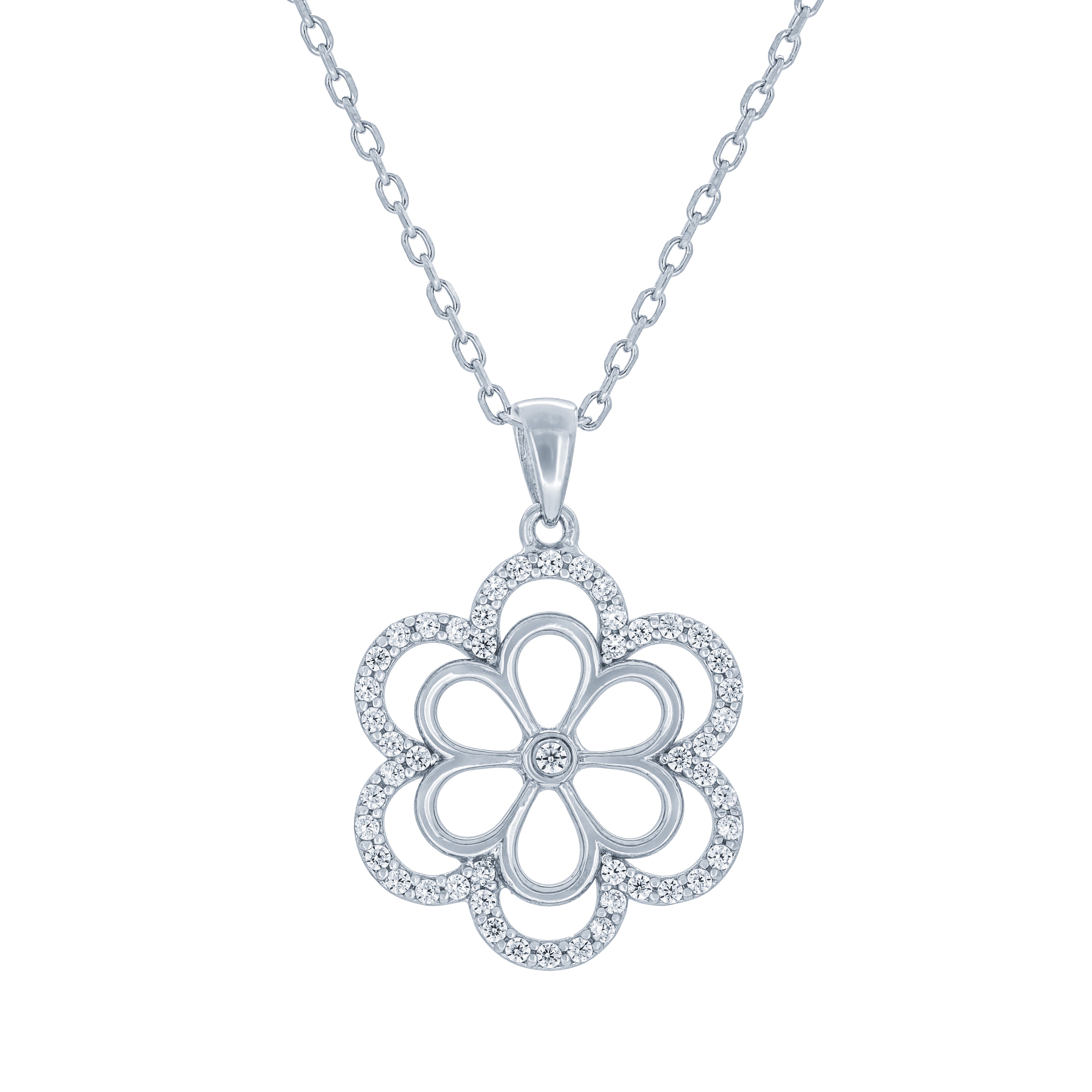 (100049) White Cubic Zirconia Flower Pendant Necklace In Sterling Silver